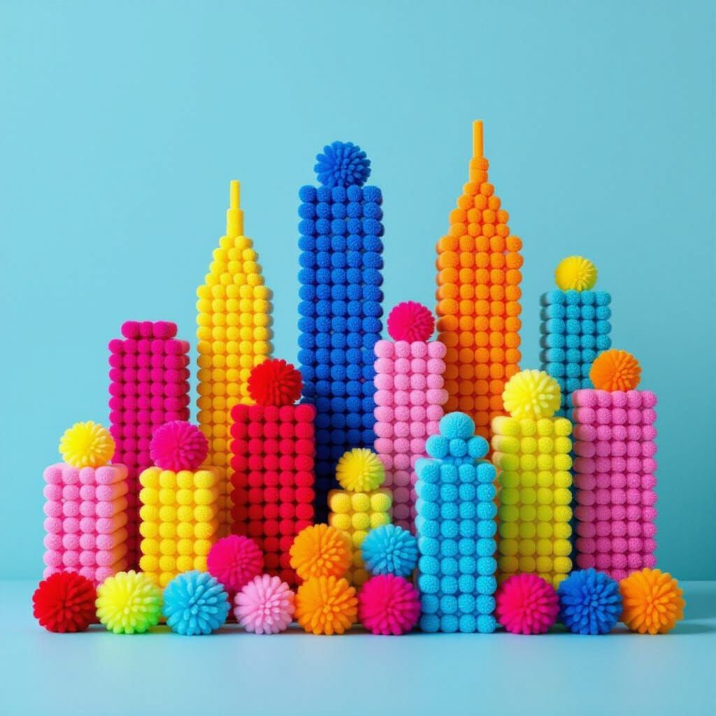 Colorful Pom Pom Cityscape in Minimalist Graphic Style