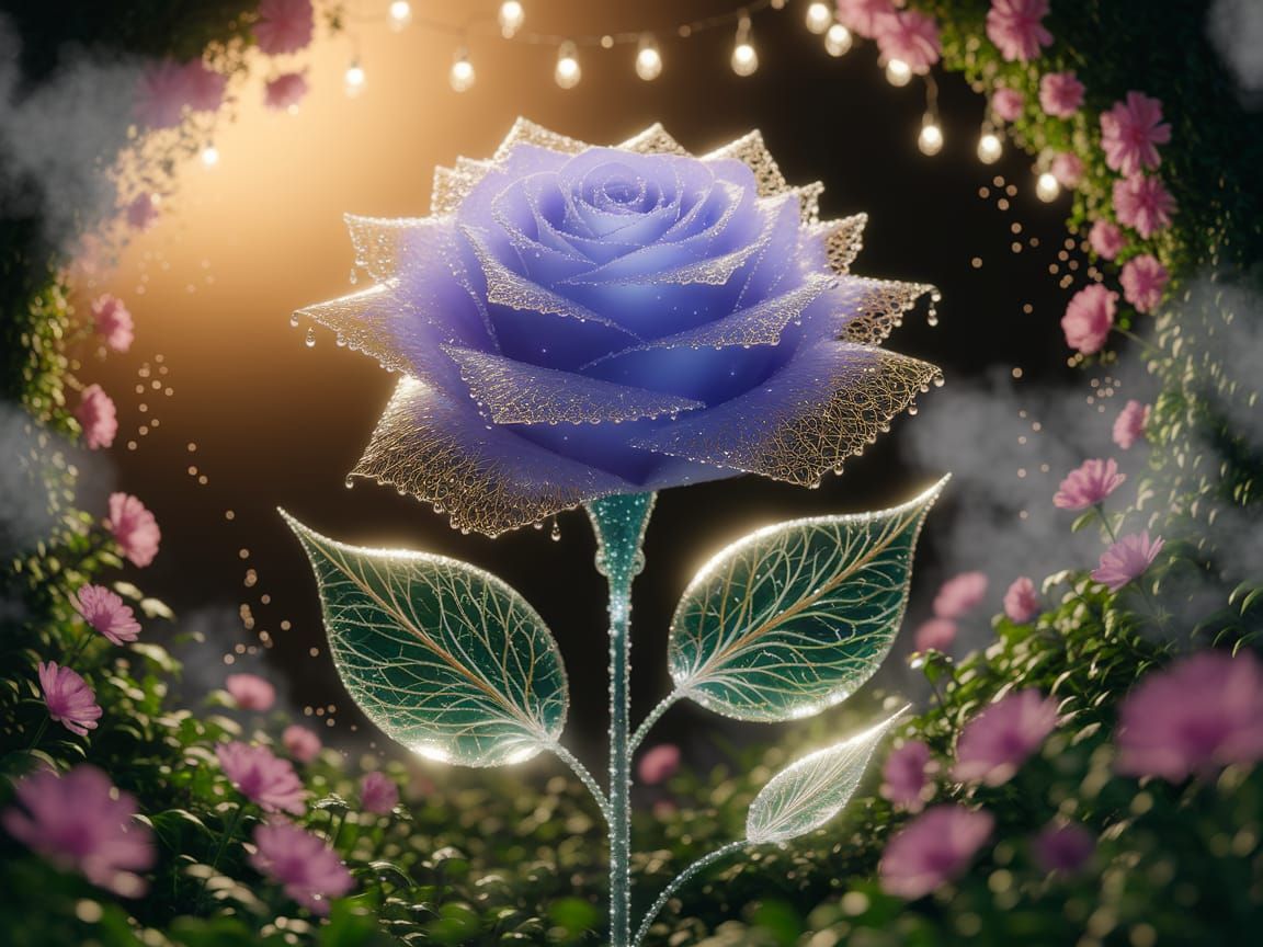 Bioluminescent Violet Rose with Gold Filigree in 3D
