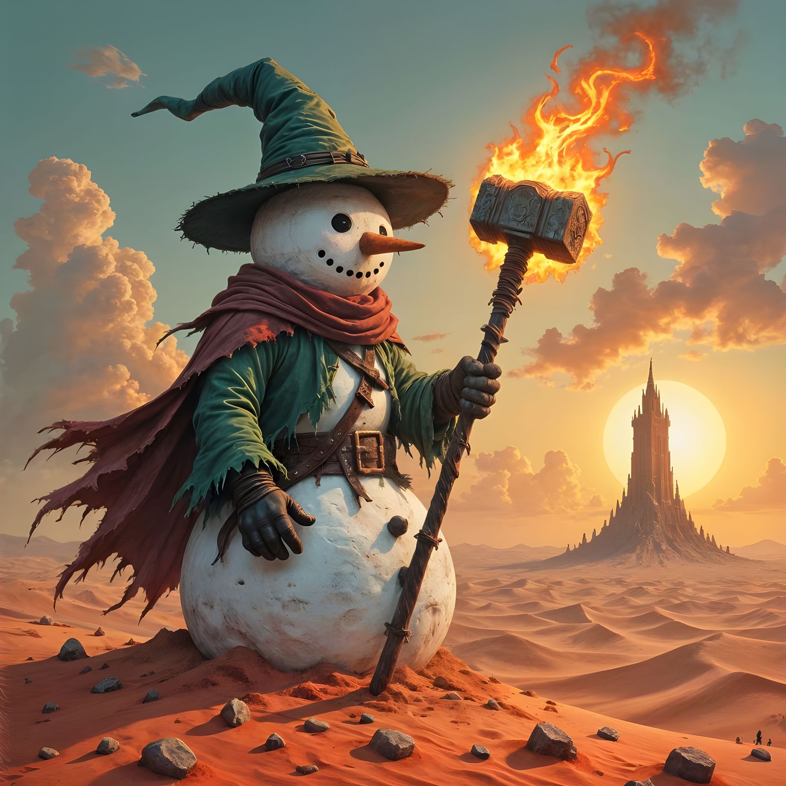 Snowman Wields Flaming Hammer in Dark Fantasy Desert