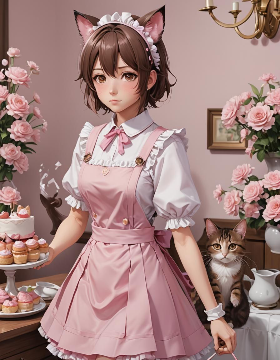 Anime Boy with Cat Ears in Pink Maid Dress