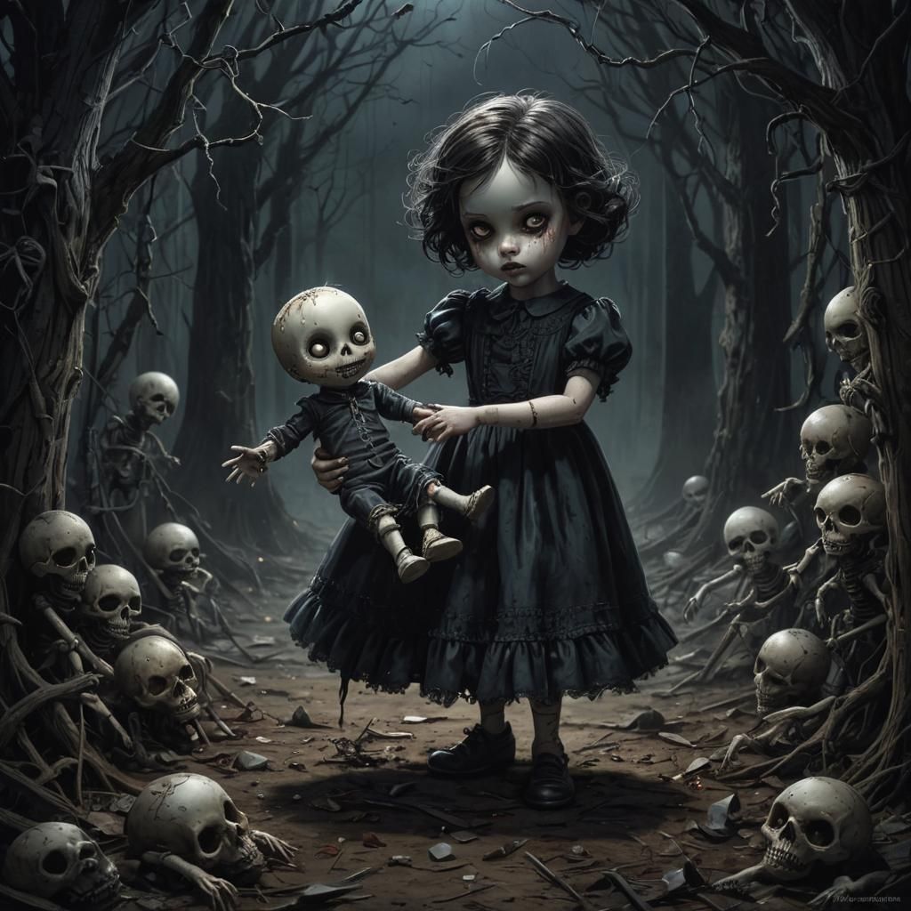 A child picking up a cursed doll and becoming possessed, you can clearly see the darkness of the doll enveloping the chi...