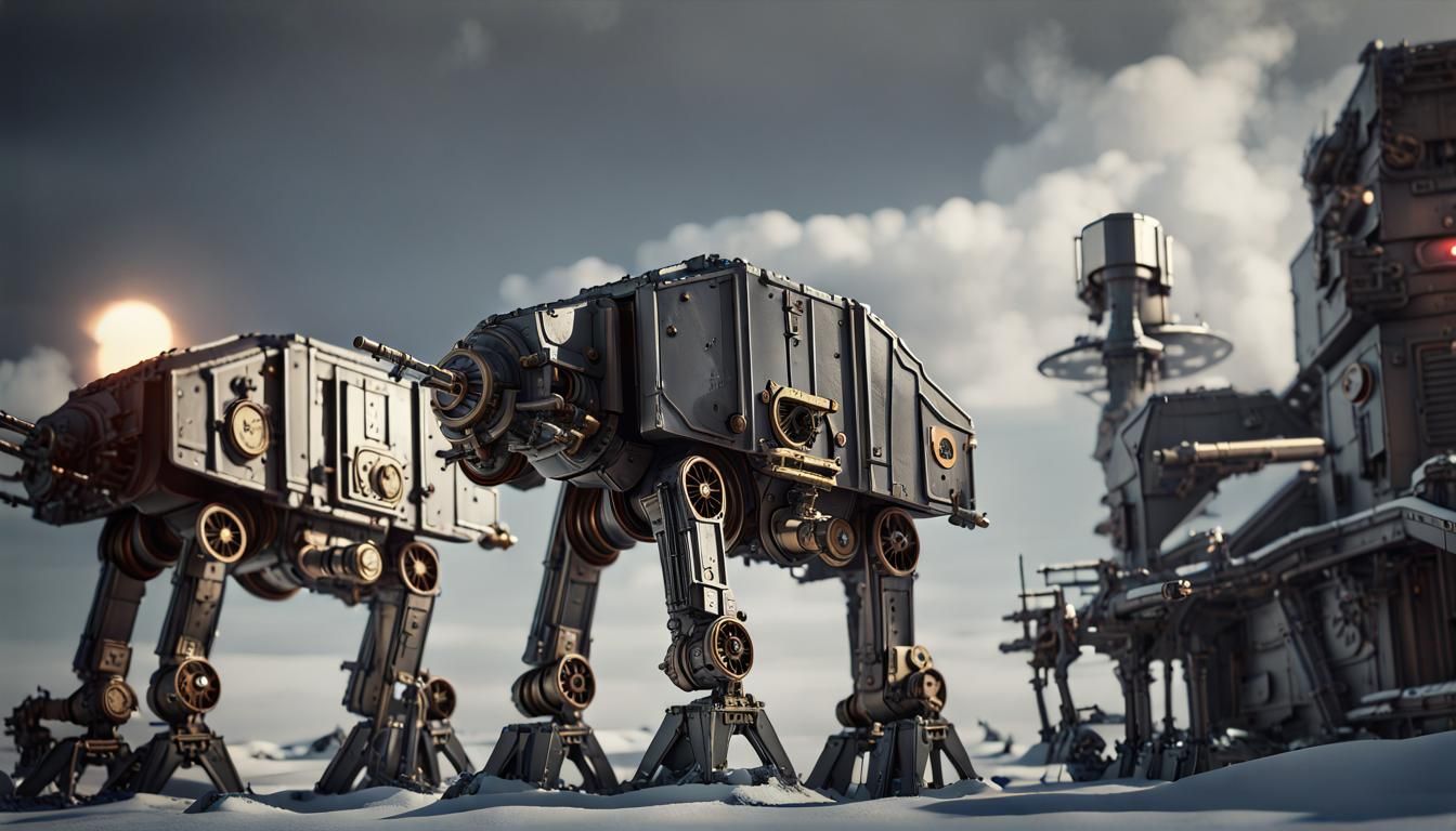 Steampunk AT-AT Walker in Winter Landscape