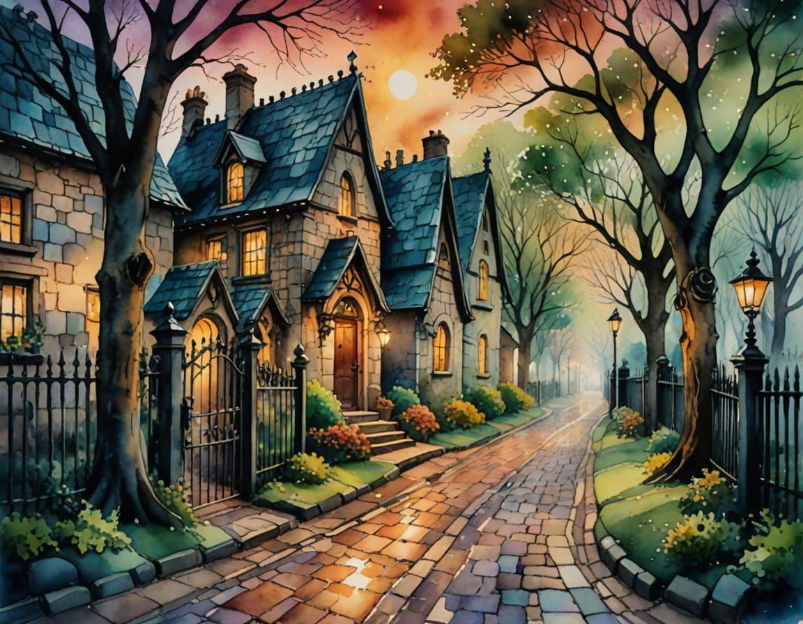 Victorian Graveyard and Shop in Watercolor Style