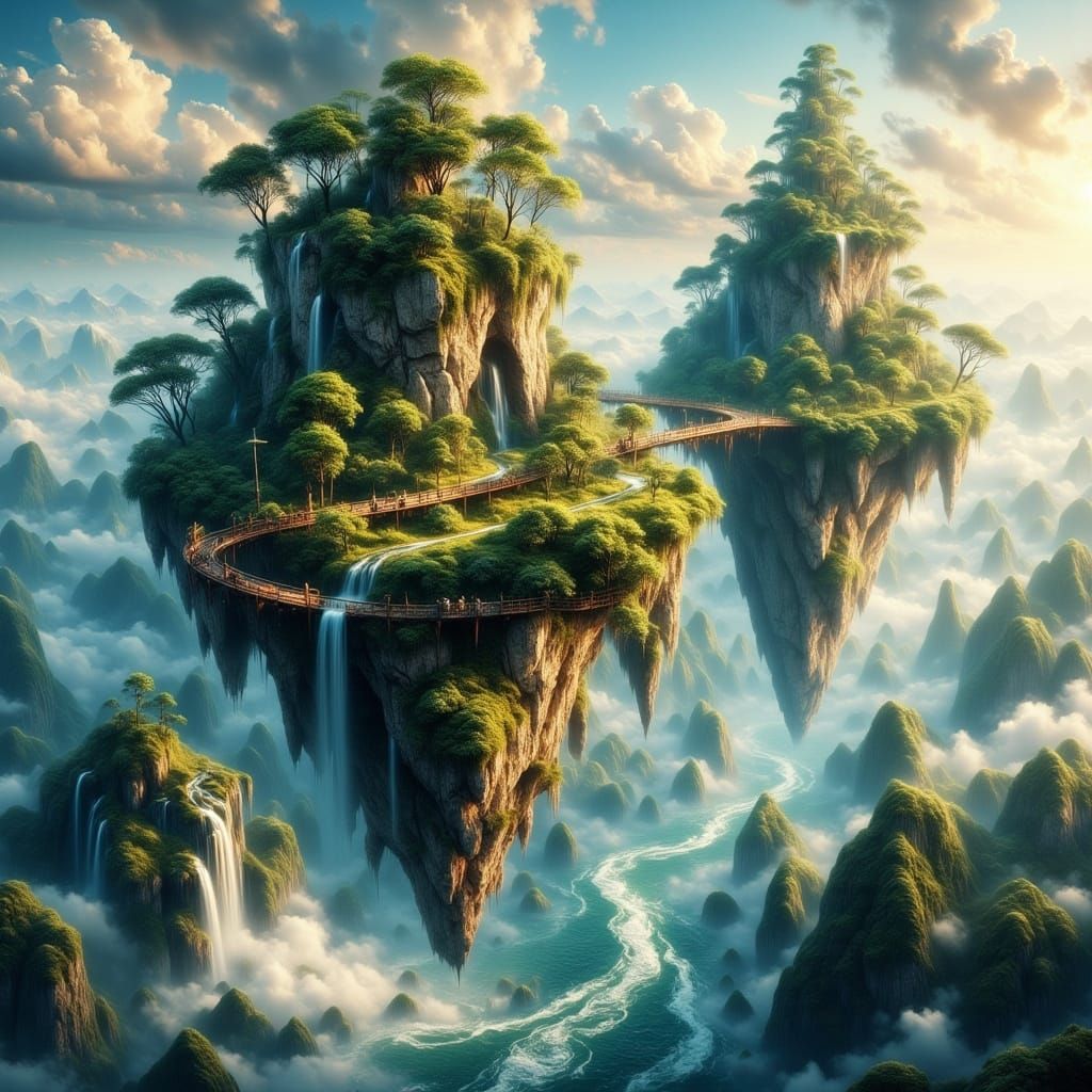 Floating Islands with Waterfalls in Golden Hour Light