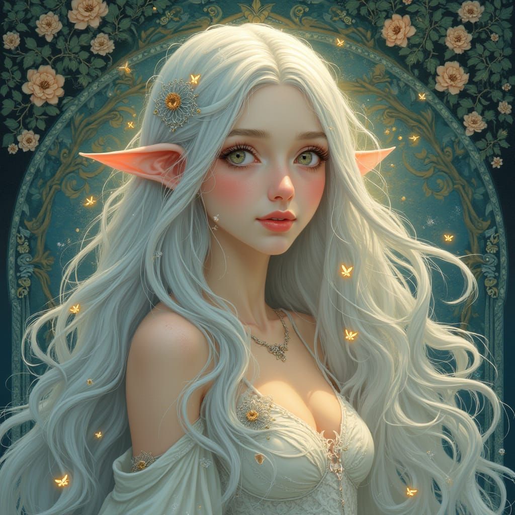 Ethereal Elven Queen Portrait in Art Nouveau Style