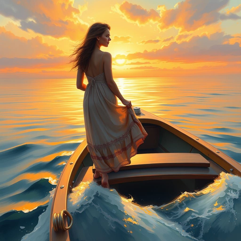 Woman in Elegant Sundress Sails Across Serene Waters at Suns...