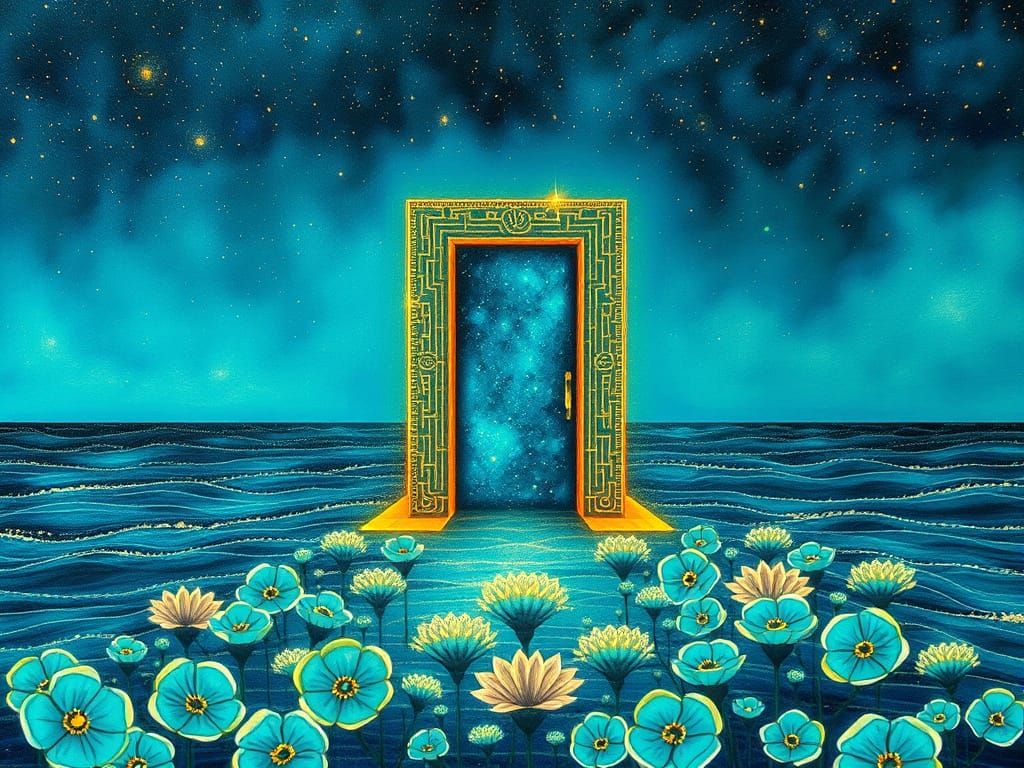 Ancient Door in Ocean: Alcohol Ink Pointillism with Turquois...