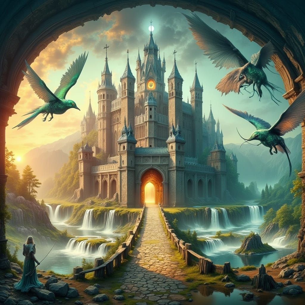 Mystical Medieval Realm at Dusk in a Dreamlike Quality