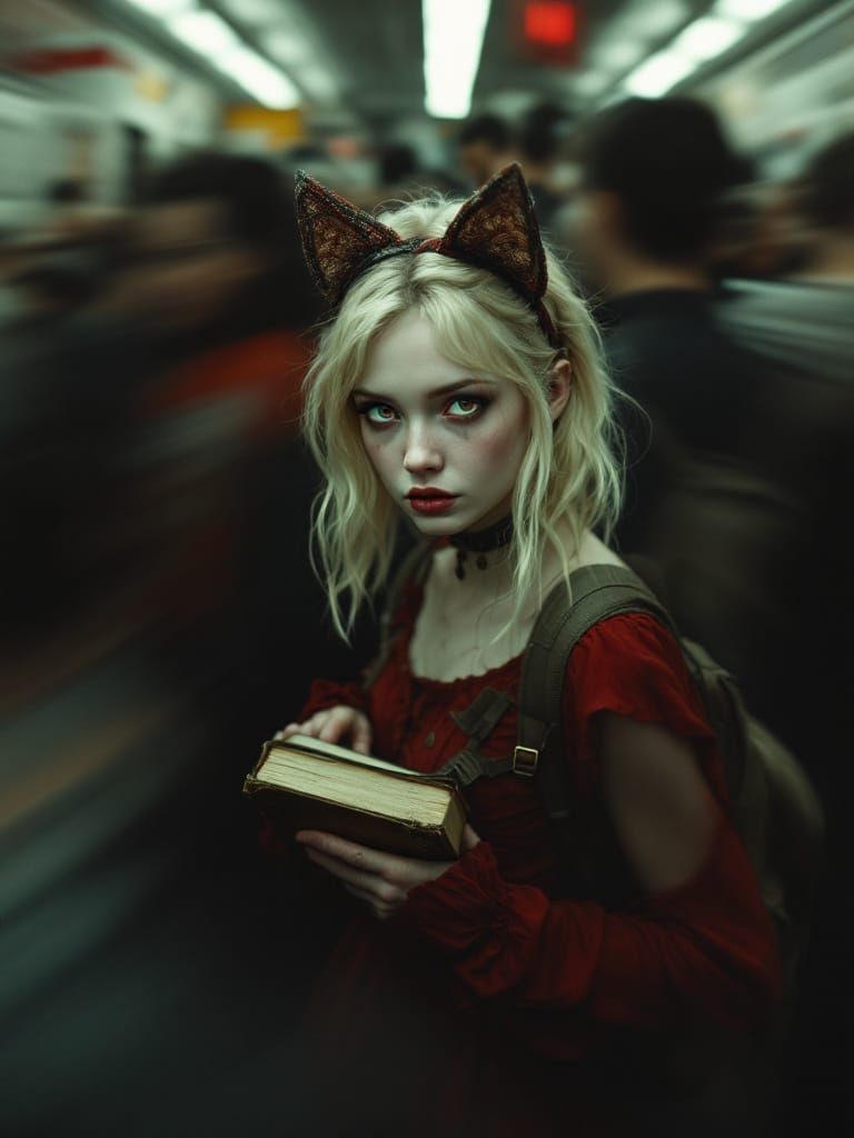 Surreal Urban Portrait of Woman Static in Stormy Crowd