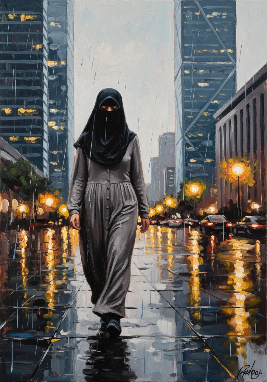 Woman in Niqab Walking in Rainy Cityscape