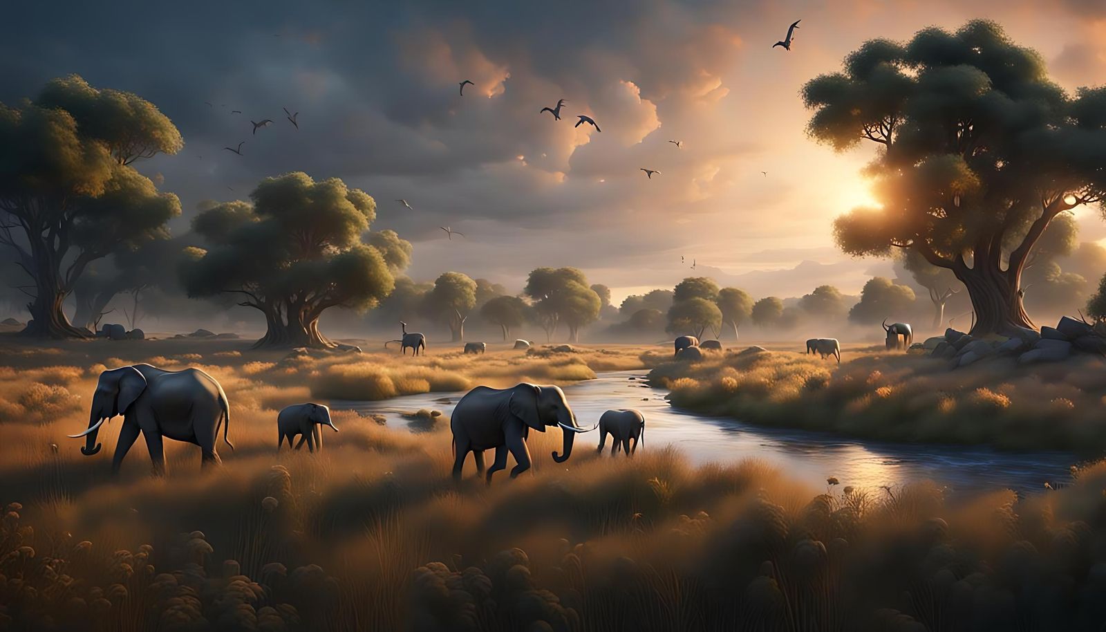 Wild Animals in Open Field at Evening, Matte Painting
