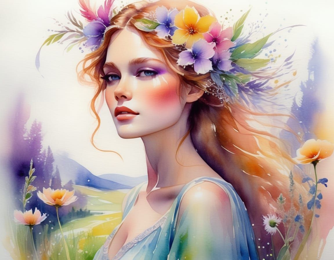 Fantasy Woman in Vibrant Watercolor Meadow