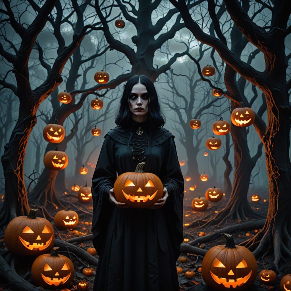 Surreal Goth Girl in a Dark, Dreamlike Forest