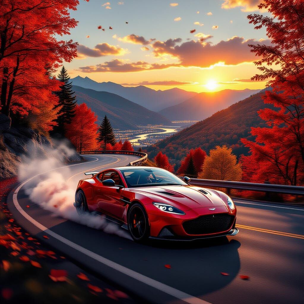 Aston Martin Drifts on Autumn Mountain Road at Sunset