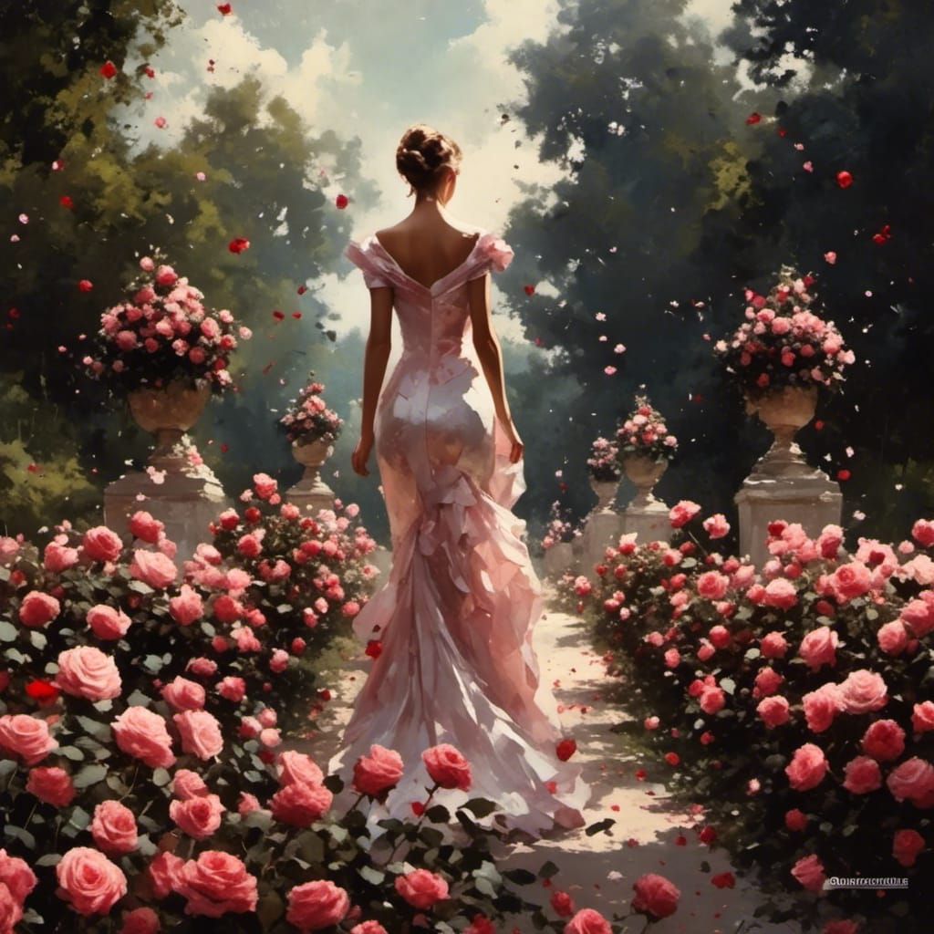 Woman in Rose Garden: Artistic Oil Painting