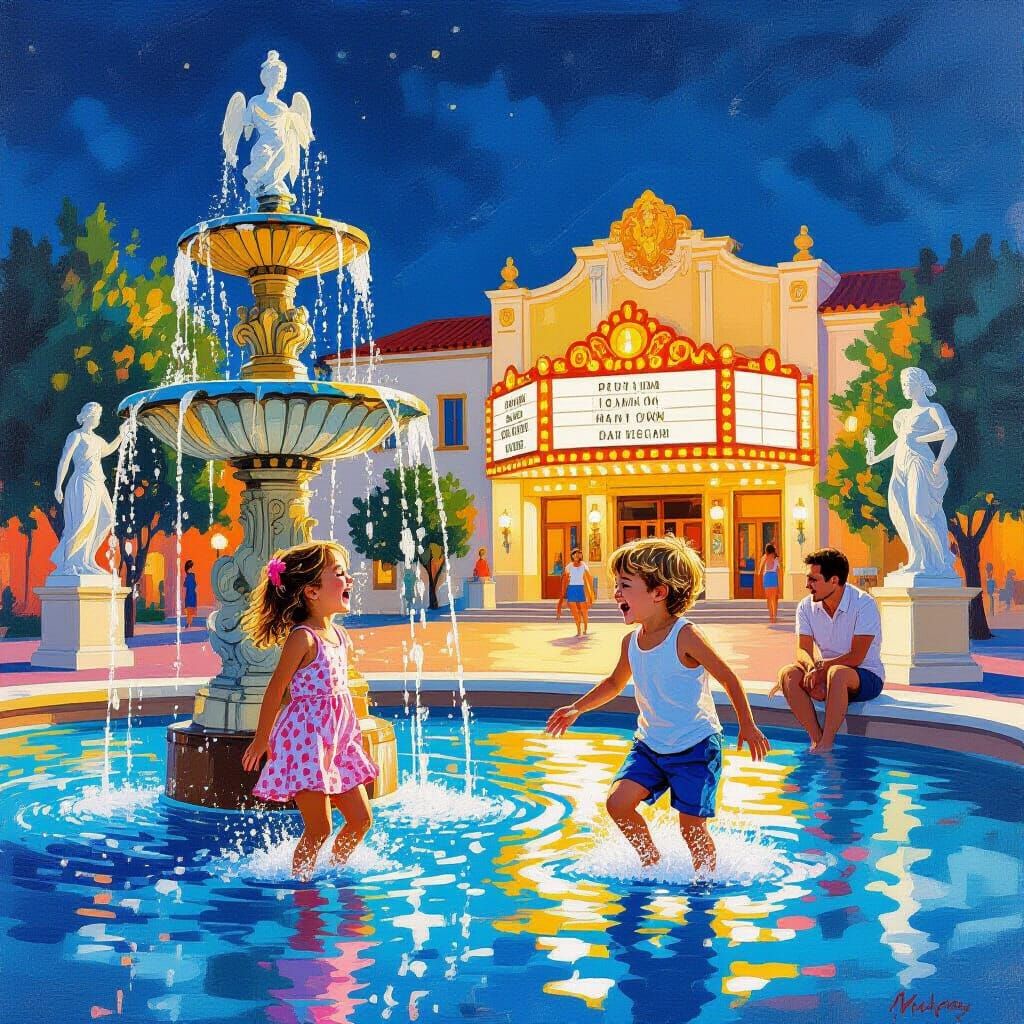 Children Play in Fountain: Gouache Style Summer Night