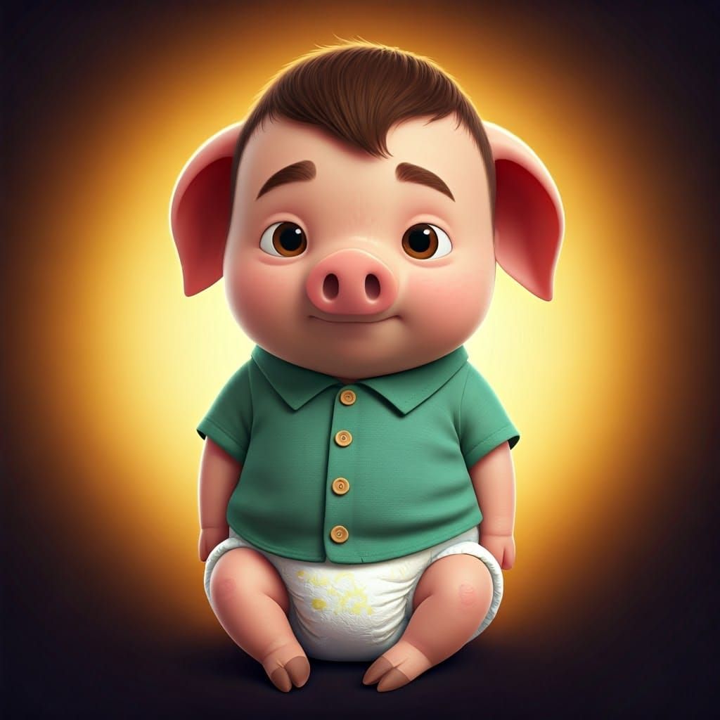 Cute Newborn Piglet Boy in Green Shirt and Diaper