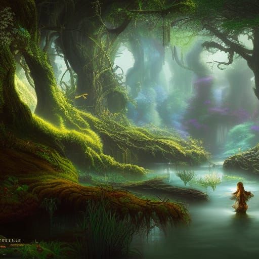 Fairy in Water Forest: Detailed Matte Painting