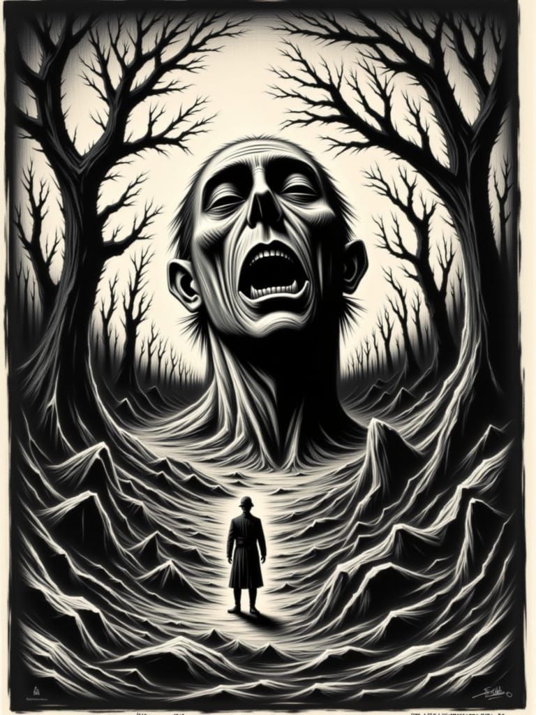 A surreal landscape where time itself is a tangible entity. Giant, melting pocket watches drip onto a barren plain, thei...