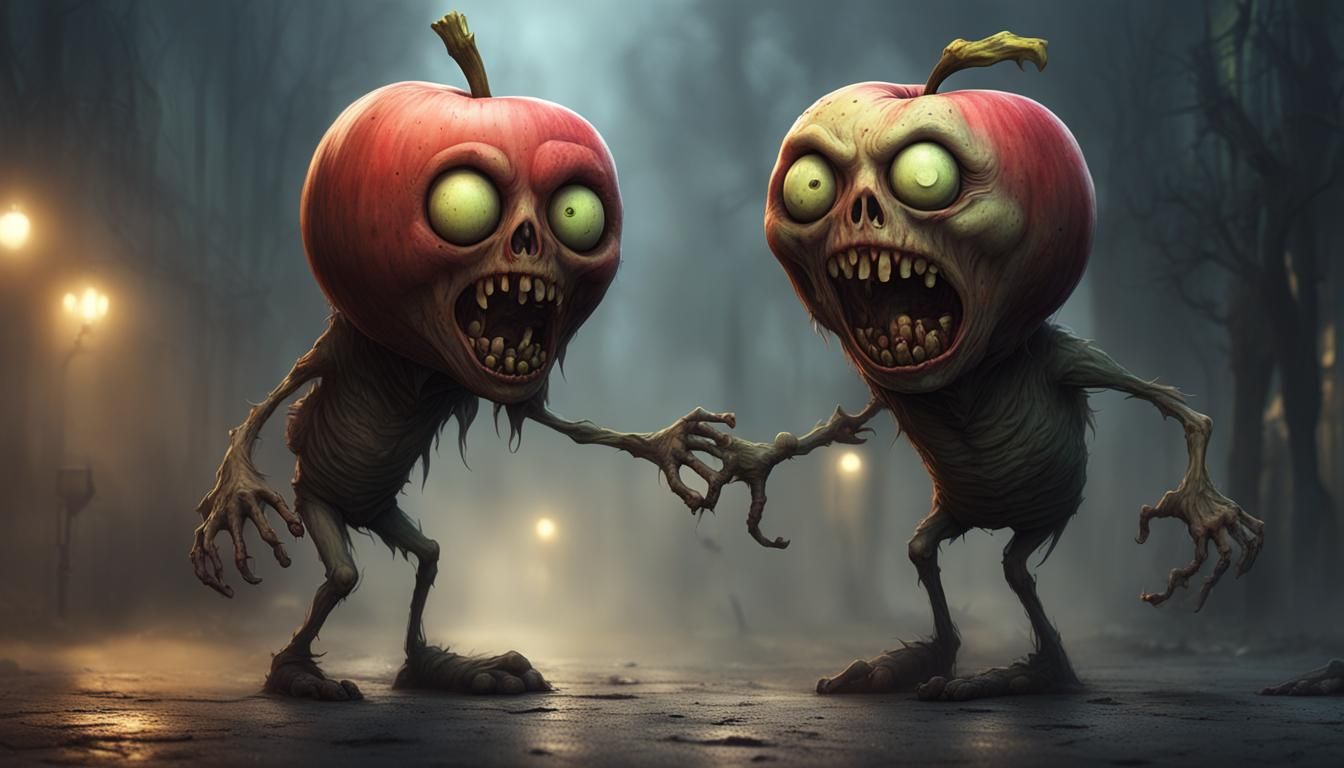 "Anthropomorphic zombie apple and Anthropomorphic zombie ginger by fire barrels on a foggy street. zombie eyes, sharp te...