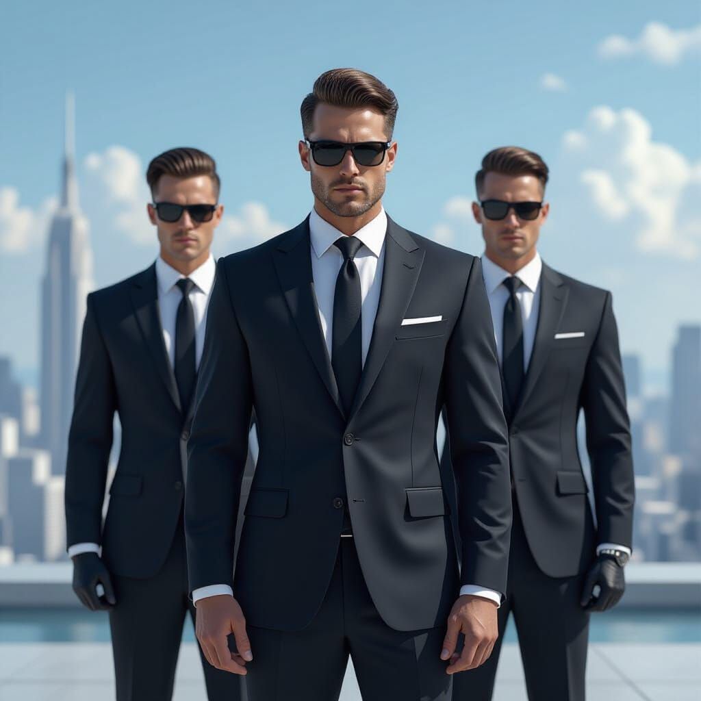 Futuristic Cityscape: Man with Bodyguards