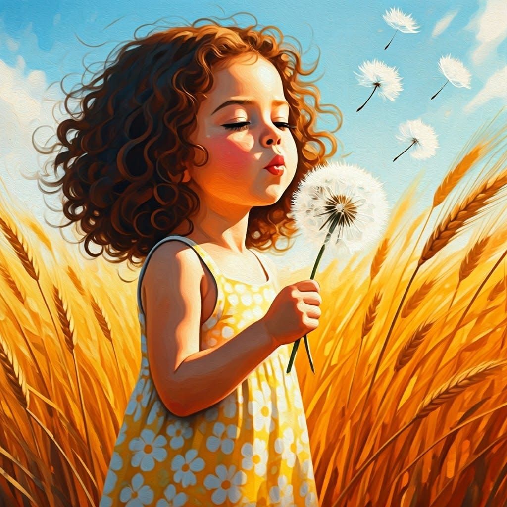 mischievous little girl playing with dandelions in a wheat f...