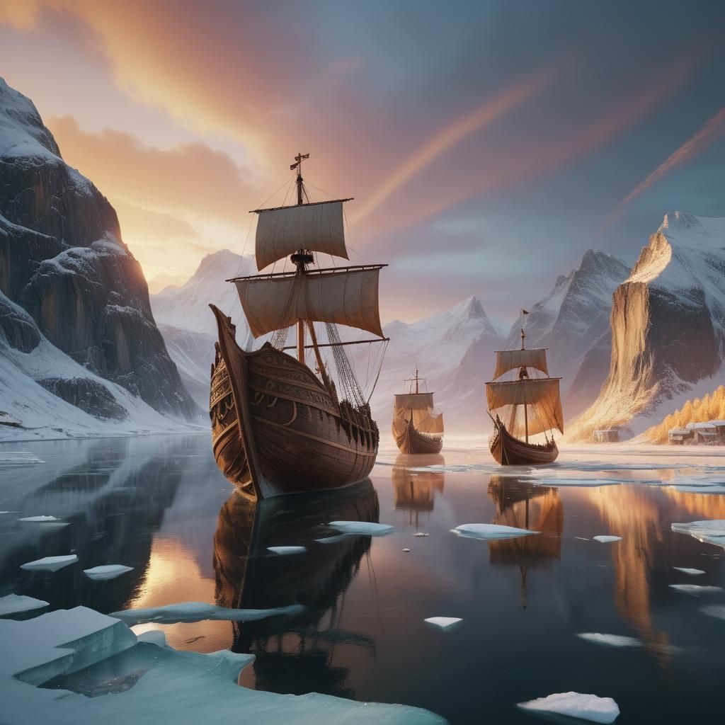 Viking Ships Sail Icy Fjords at Dawn