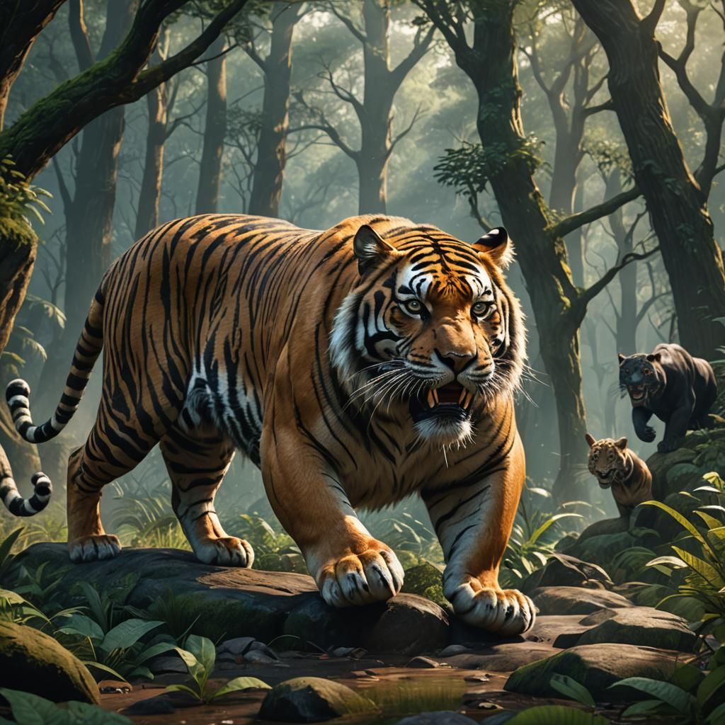 Giant Tiger Hunting Panther in Detailed Matte Painting