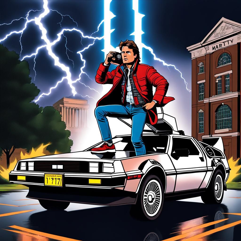 Marty McFly and DeLorean in Lightning Storm