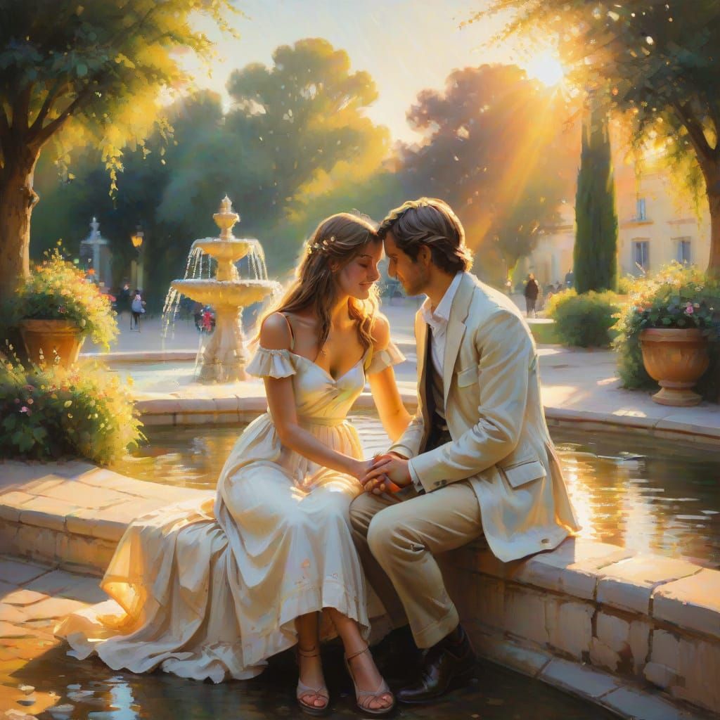 Lovers at Fountain in Impressionist Golden Hour