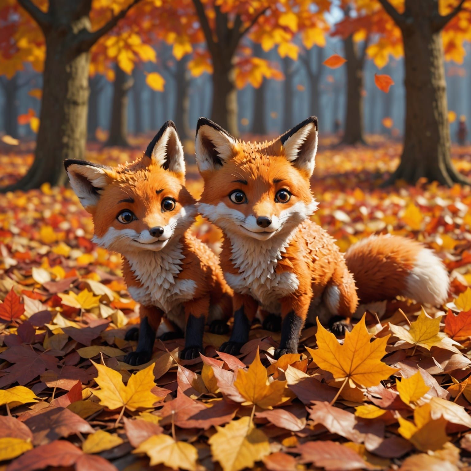 Cute Foxes Playing in Autumn Leaves