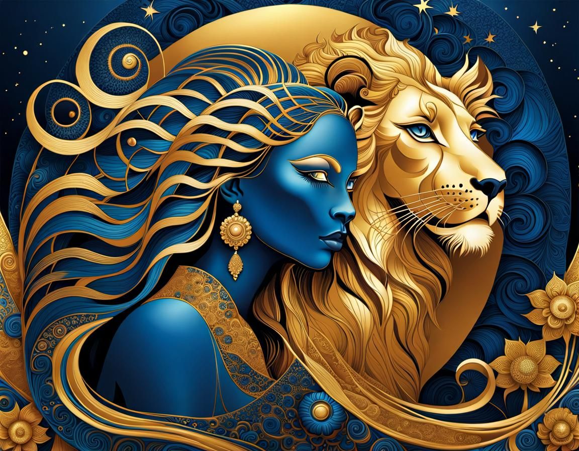 Woman and Lion in Gold and Blue Art Brut