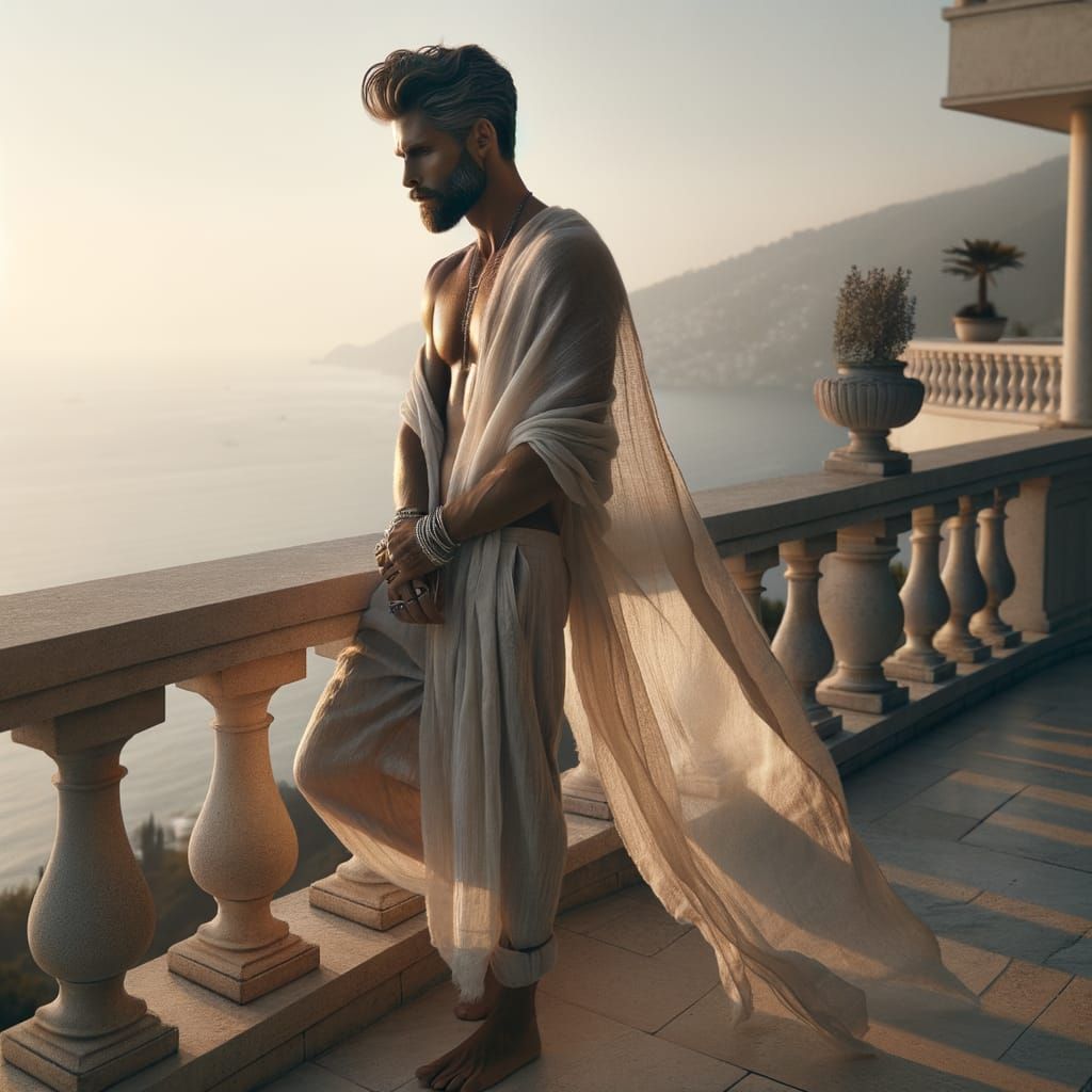 Elegant Man at Sunrise on Coastal Terrace