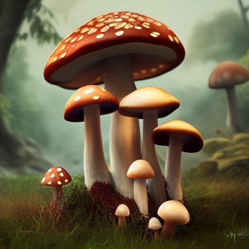 Mushroom Family Portrait in Detailed Matte Painting Style