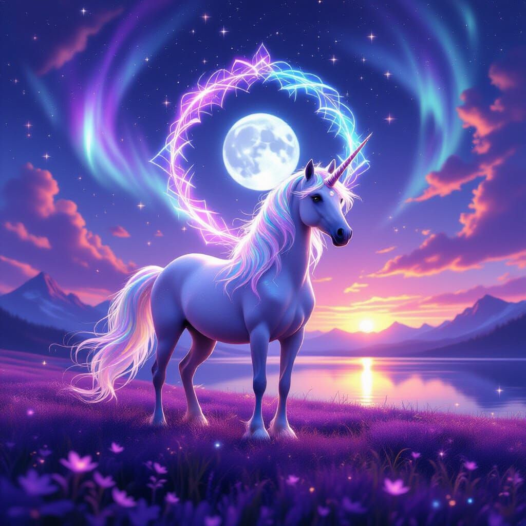 Majestic Unicorn on Amethyst Meadow Under Starry Aurora Sky