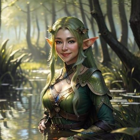 Smiling Elf in Fantastical Swamp: Impressionistic Oil Portra...