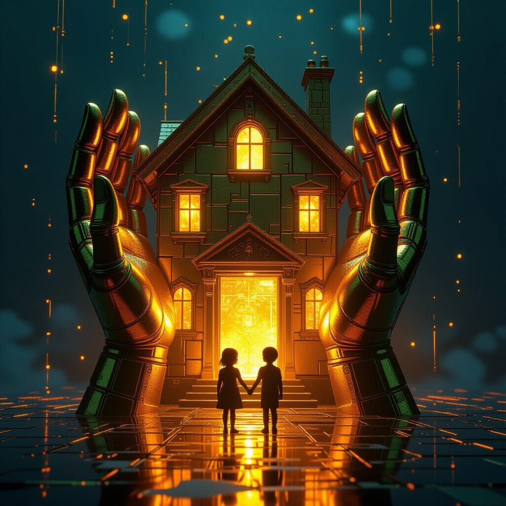 Golden House Protected by Hands, Cyberpunk Glow