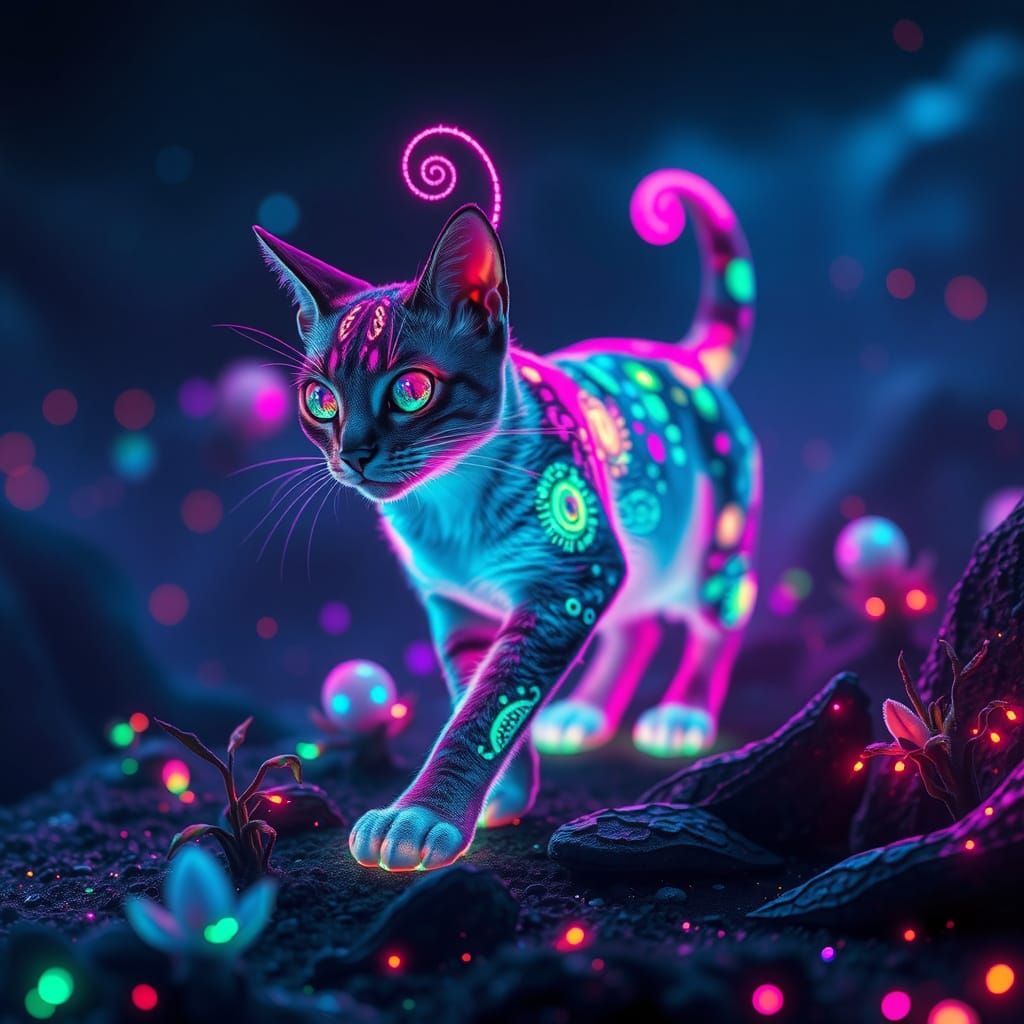 Celestial Cat Embarks Across Ethereal Alien Realm
