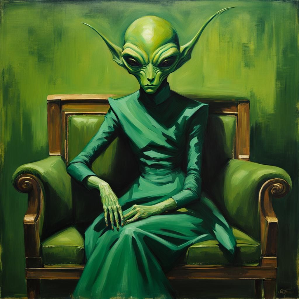 Green Alien Queen Portrait in Oil Painting Style