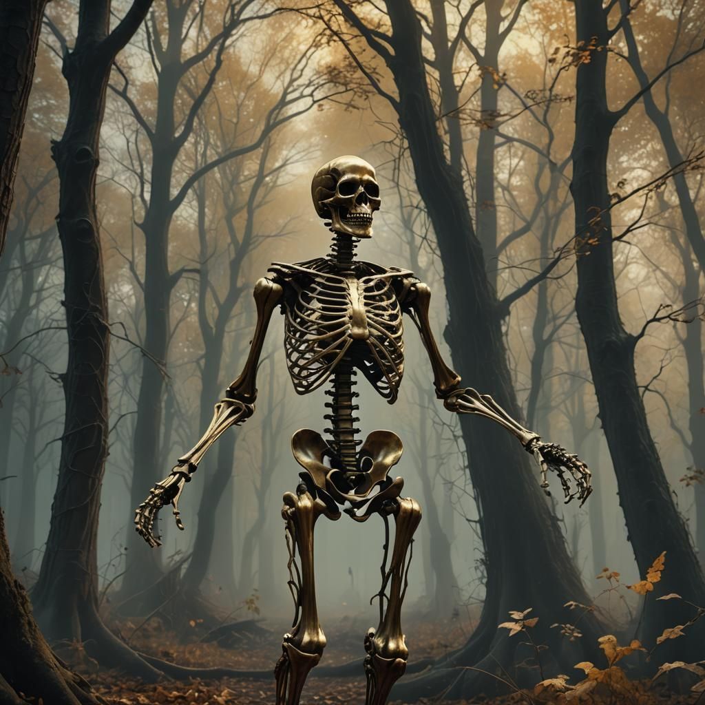 Dancing Gold Skeleton and Ghost in Haunted Forest