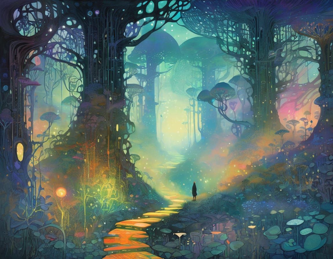 Ethereal Foggy Forest Path with Lone Traveler