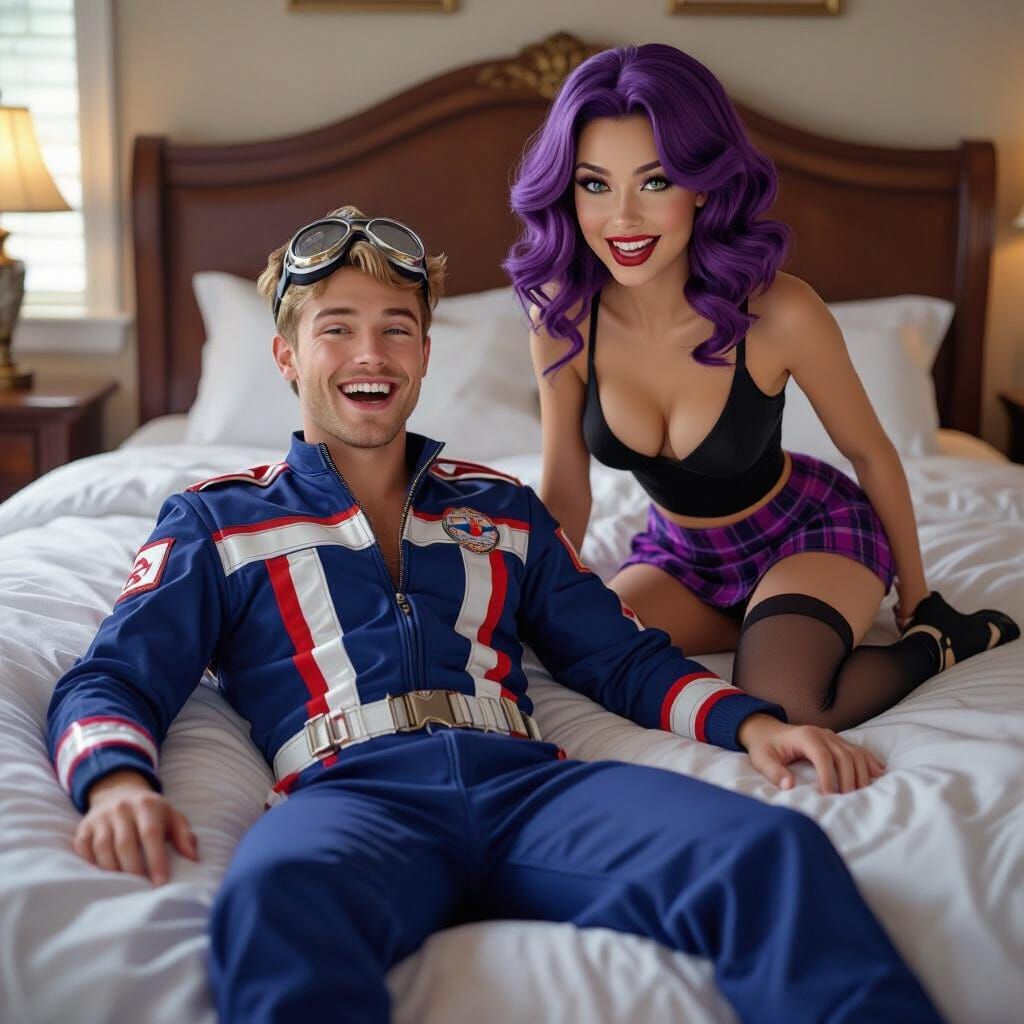 Comic Style: Man Laughing, Woman Crawling on Luxury Bed