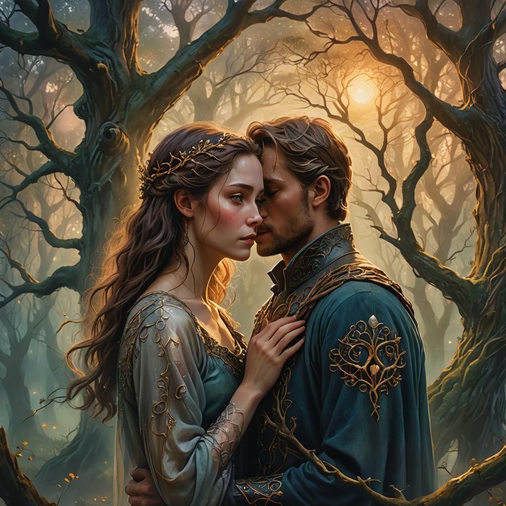Enchanted Forest Couple in Golden Light: Fantasy Art