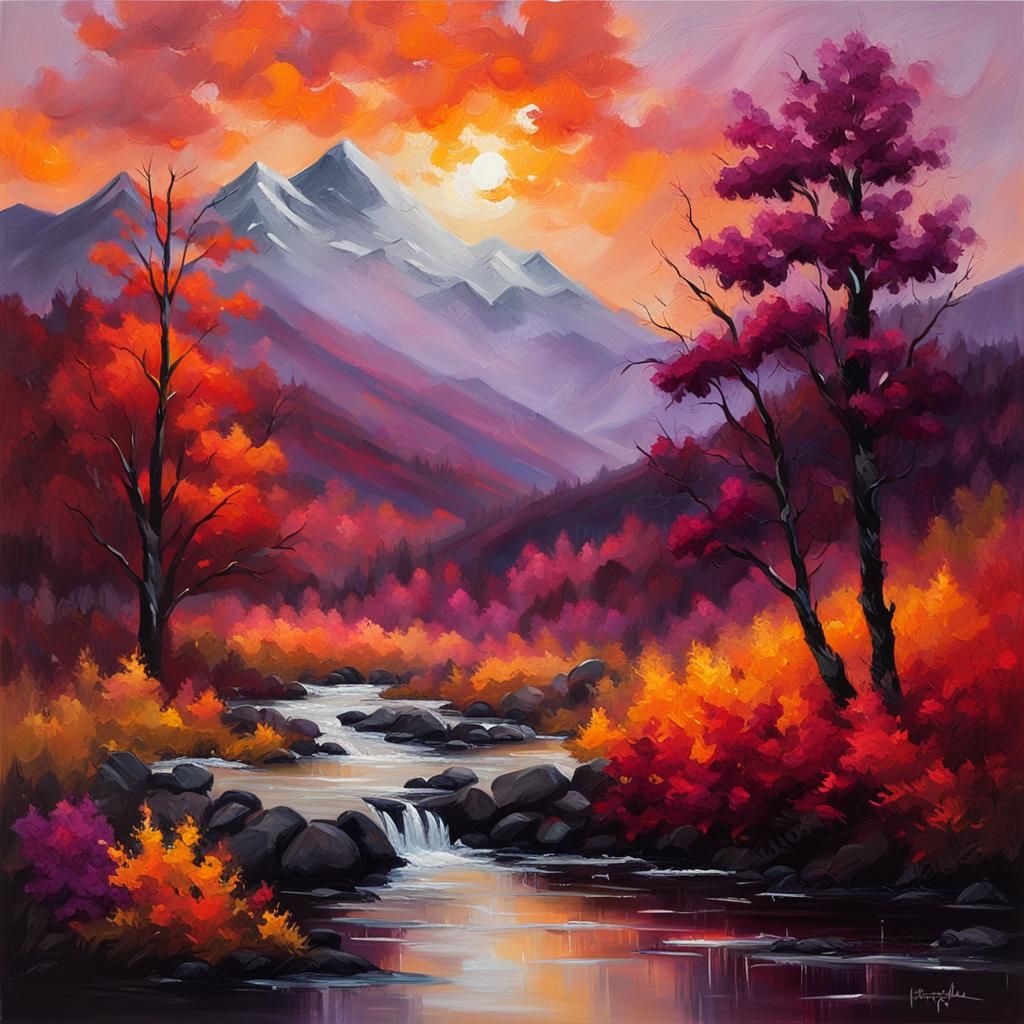 Autumn Landscape with Stream in Impressionist Style