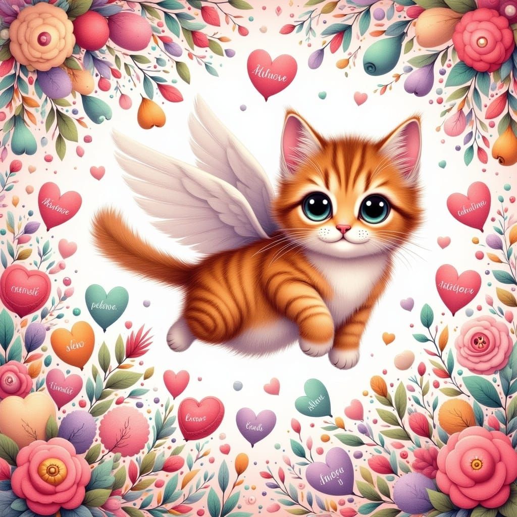 Whimsical Valentine's Day Cat Among Candy Conversation Heart...