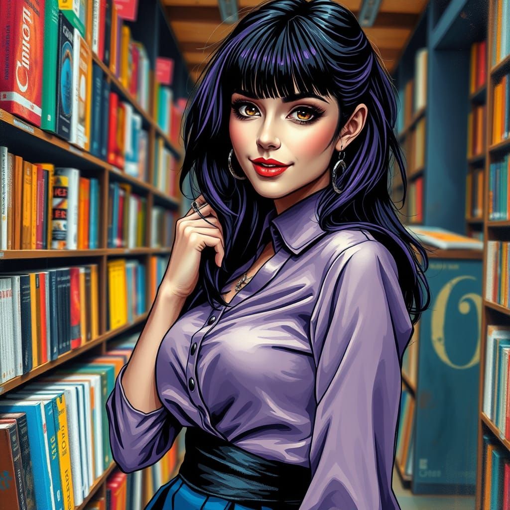 Gothic Woman Posing in Bookstore Graffiti Art