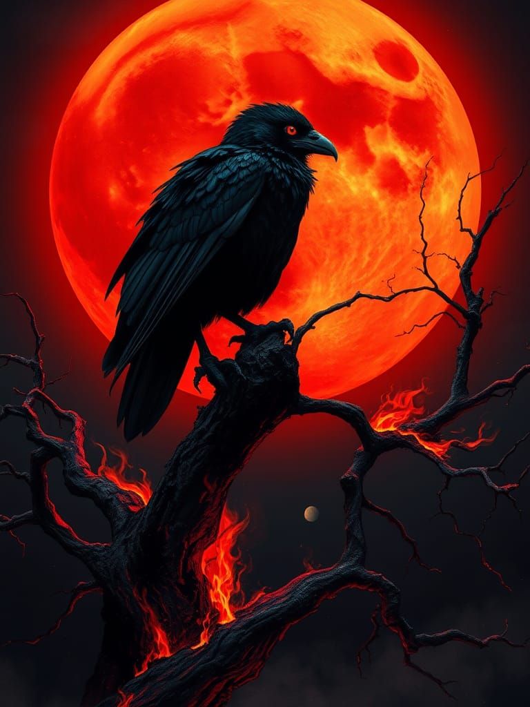 Burning Raven Under Crimson Moon in Dark Fantasy Style