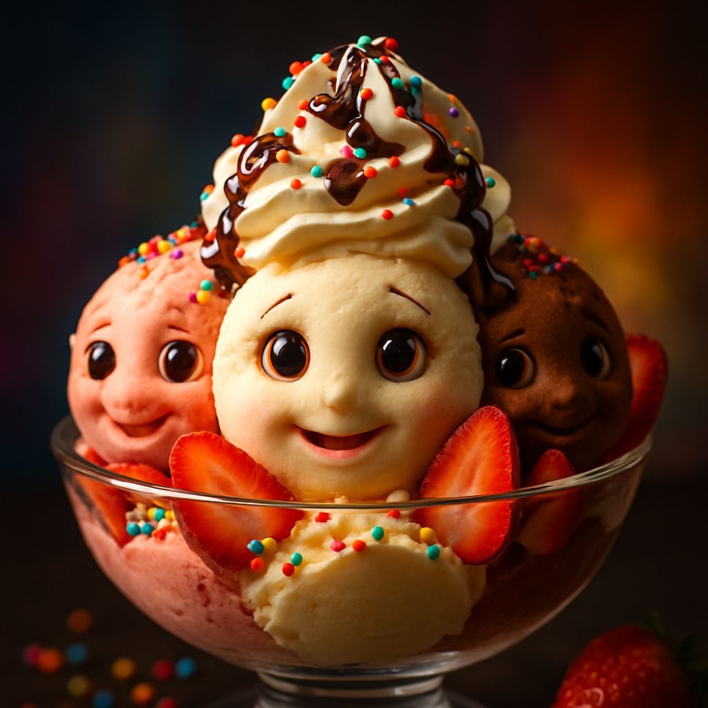 Anthropomorphic Ice Cream Bowl with Sprinkles and Fruit