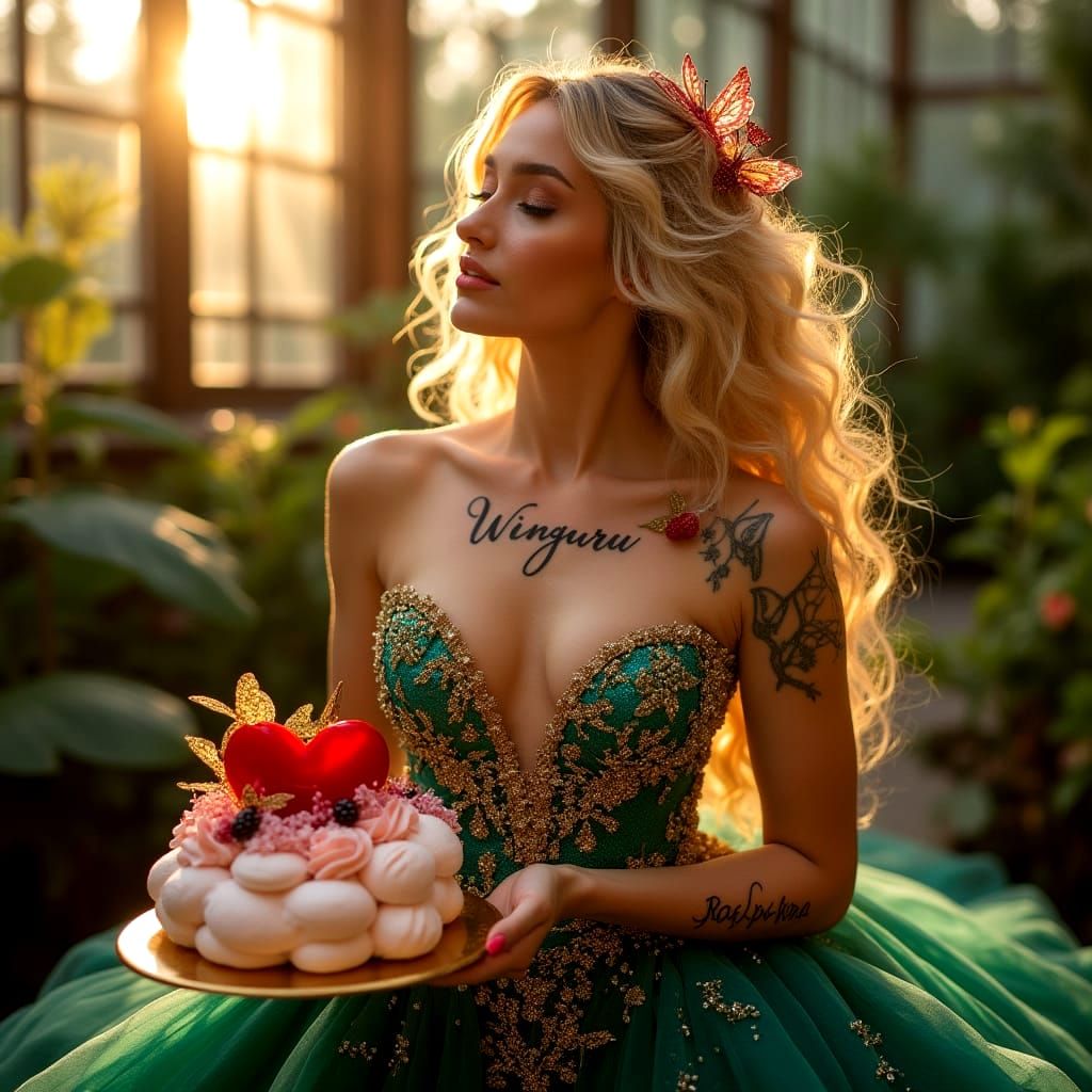 Woman in Emerald Silk Gown with Floral Skirt
