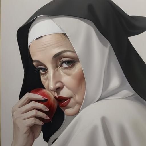 Guilty Nun Eating Apple Ink Painting